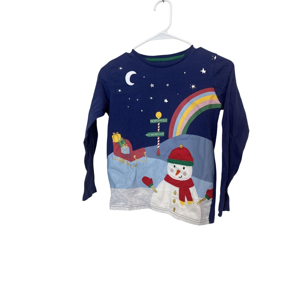Mini Boden Shirt Kids 8-9Y Blue Long Sleeve Snowman North Pole Christmas Tee